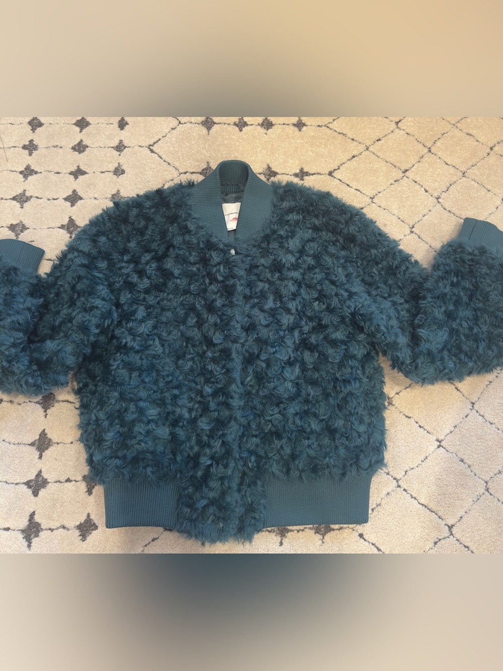 Anthropologie Teal Faux Curly Shearling Bomber Jacket